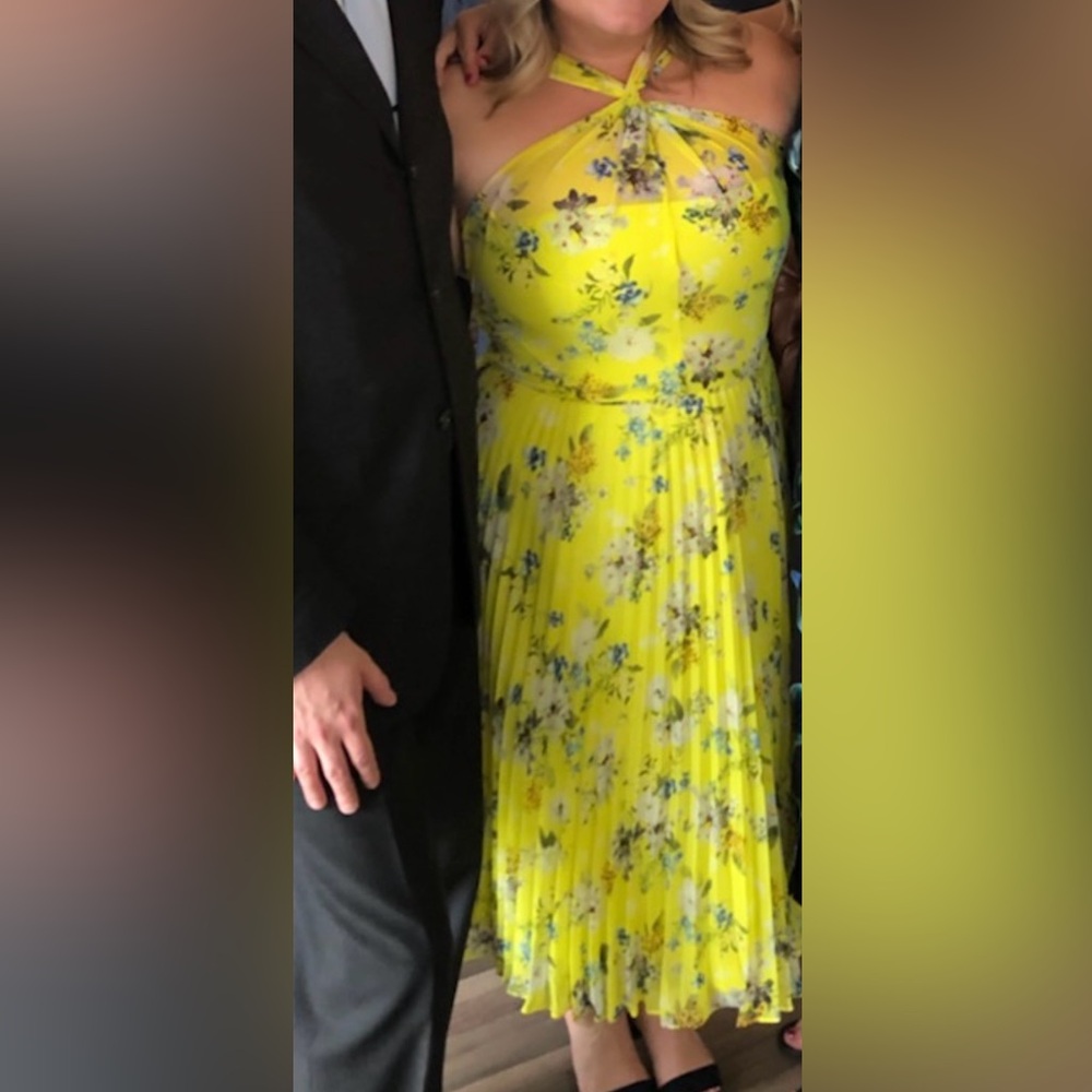 Floral Bright Yellow Pleated Dress